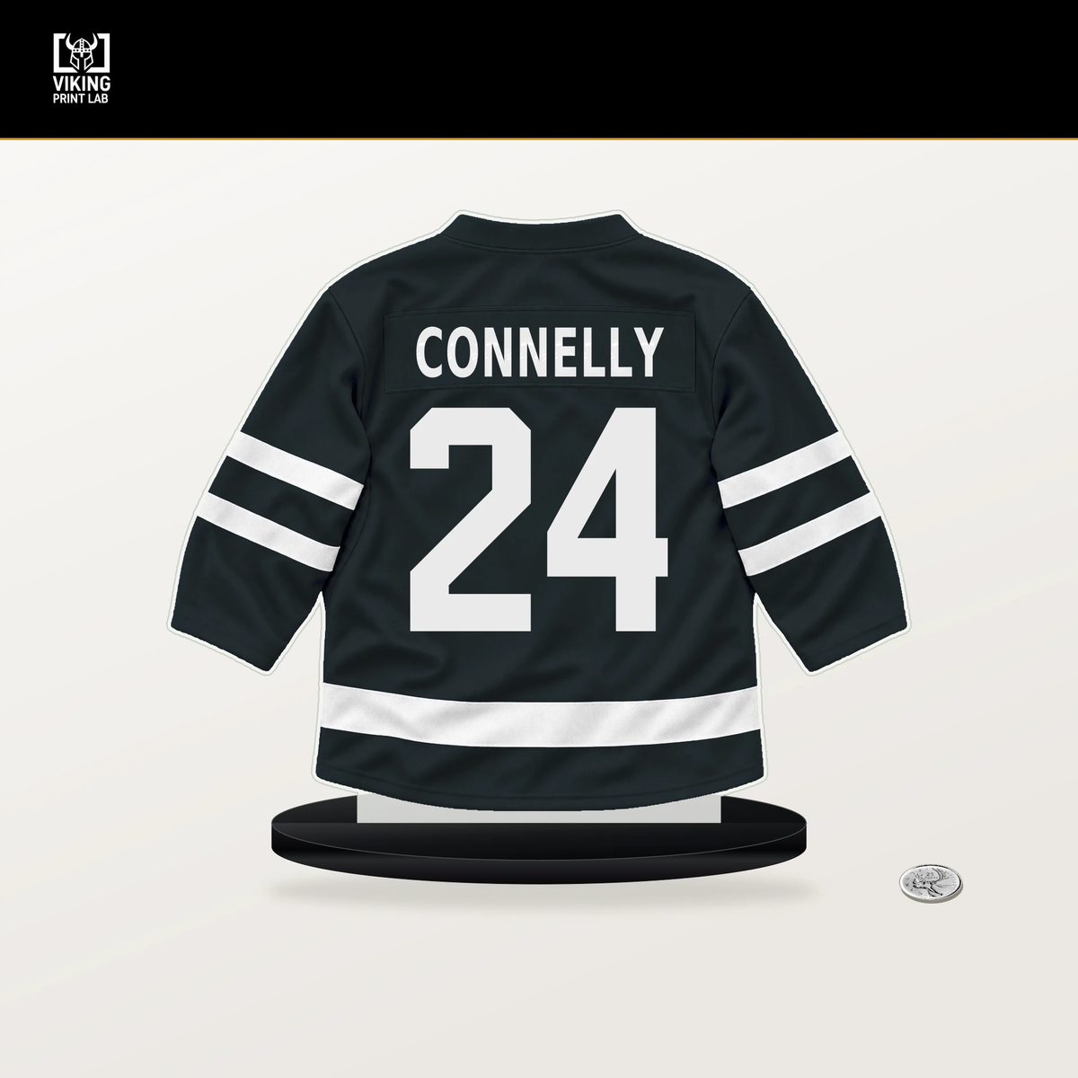 Trevor Connelly number 24 Vegas Golden Knights jersey stand with included black base.