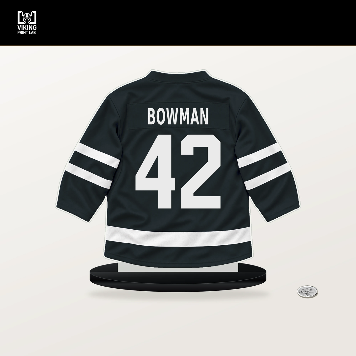 Braeden Bowman number 42 Vegas Golden Knights jersey stand with included black base.
