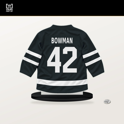 Braeden Bowman number 42 Vegas Golden Knights jersey stand with included black base.