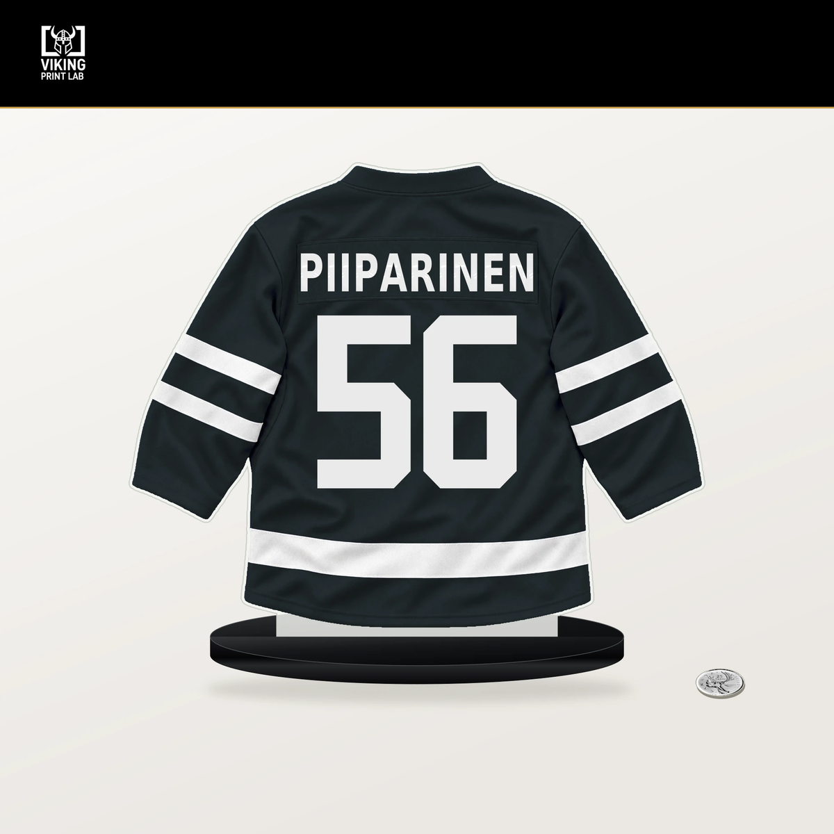 Juho Piiparinen number 56 Vegas Golden Knights jersey stand with included black base.