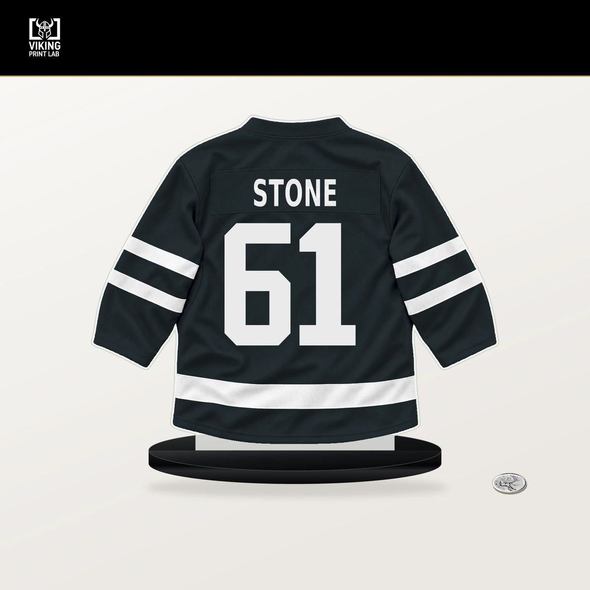 Mark Stone number 61 Vegas Golden Knights jersey stand with included black base.