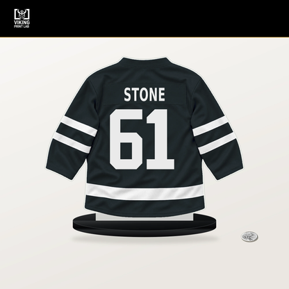 Mark Stone number 61 Vegas Golden Knights jersey stand with included black base.