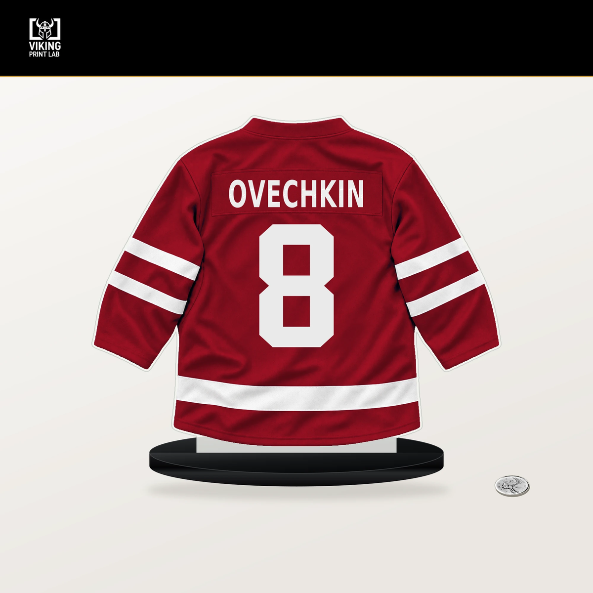 Alex Ovechkin number 8 Washington Capitals jersey stand with included black base.
