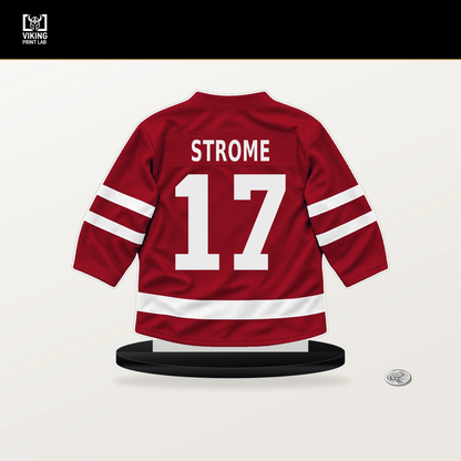 Dylan Strome number 17 Washington Capitals jersey stand with included black base.