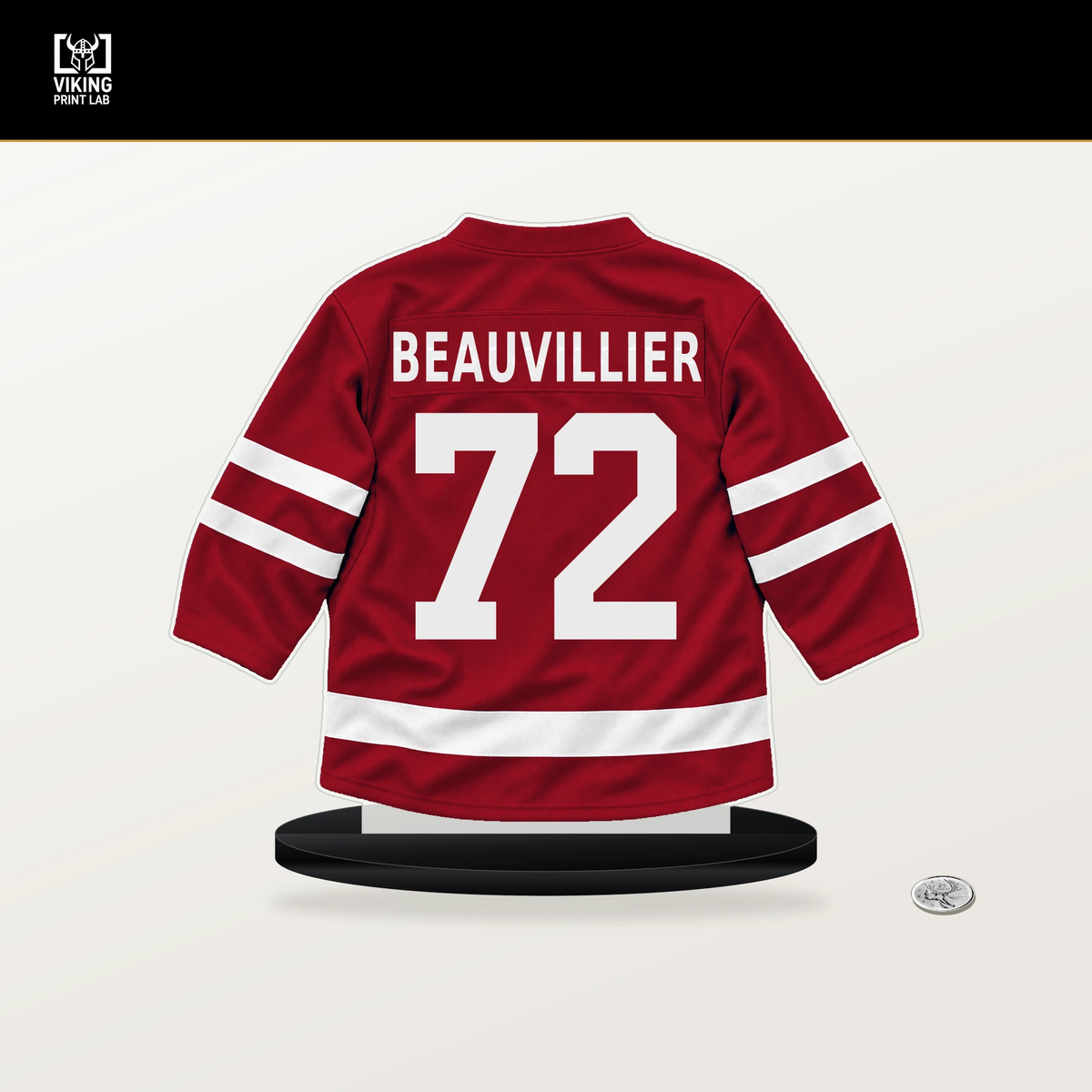 Anthony Beauvillier number 72 Washington Capitals jersey stand with included black base.