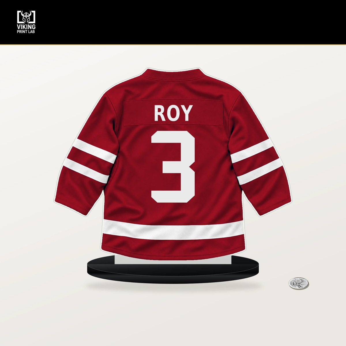 Matt Roy number 3 Washington Capitals jersey stand with included black base.