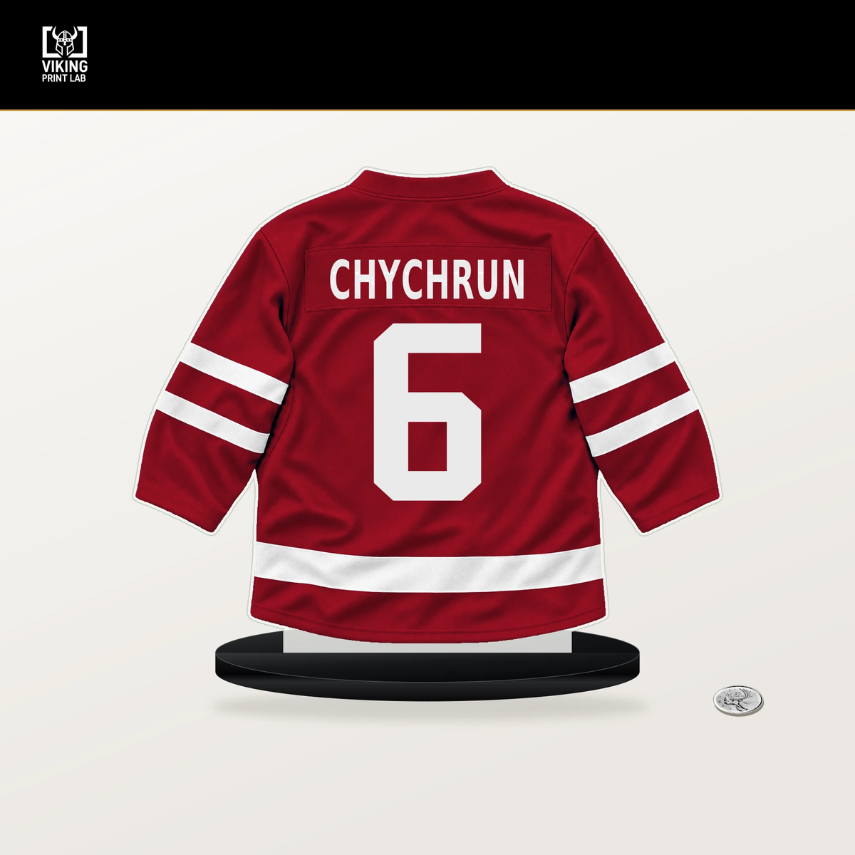 Jakob Chychrun number 6 Washington Capitals jersey stand with included black base.