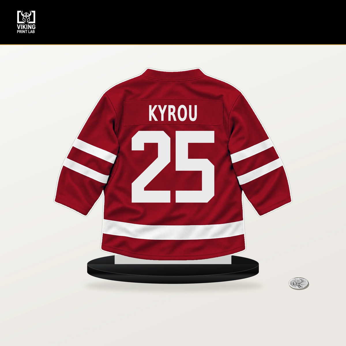 Jordan Kyrou number 25 Washington Capitals jersey stand with included black base.