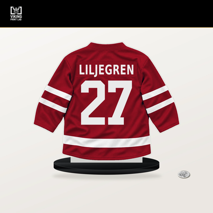 Timothy Liljegren number 27 Washington Capitals jersey stand with included black base.