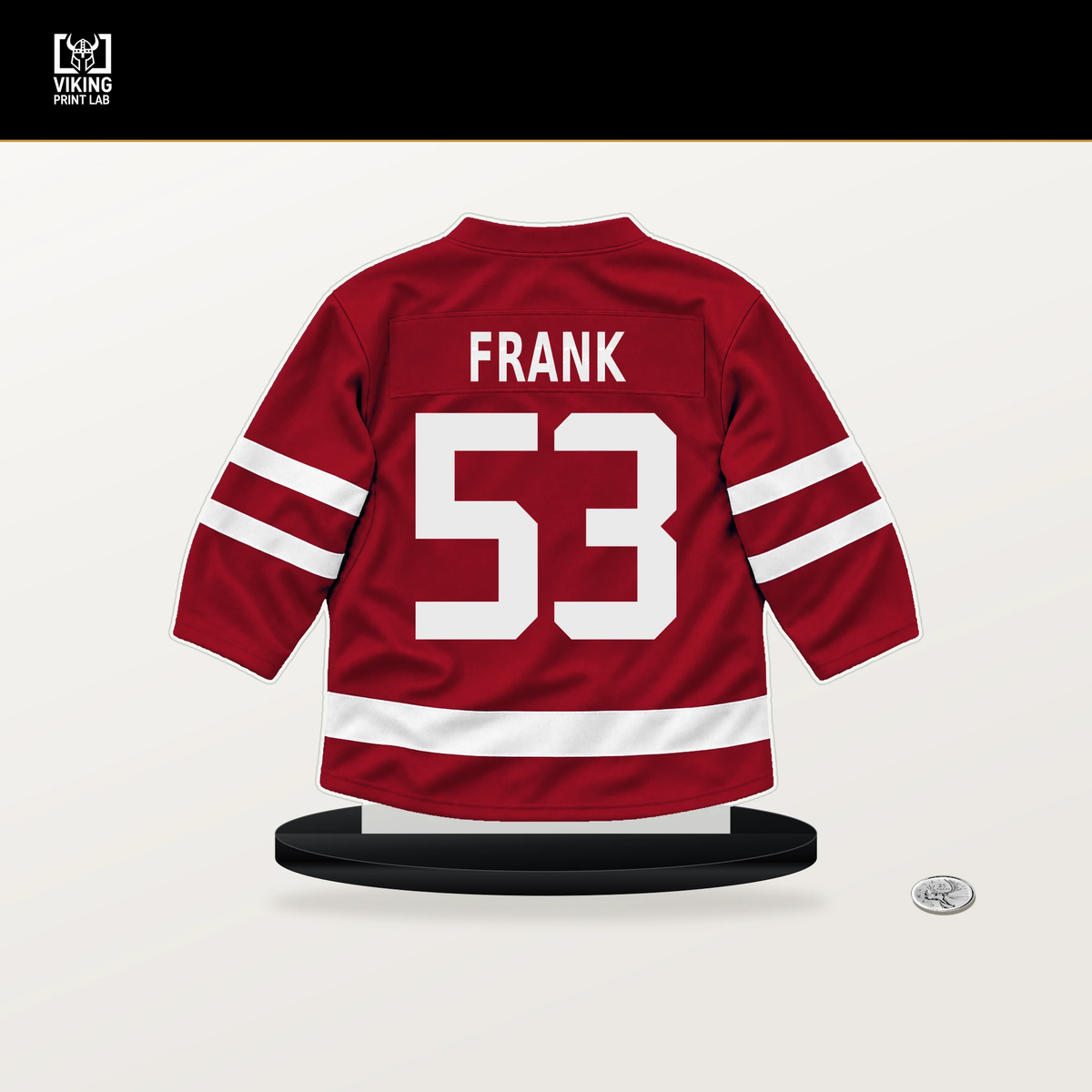 Ethen Frank number 53 Washington Capitals jersey stand with included black base.