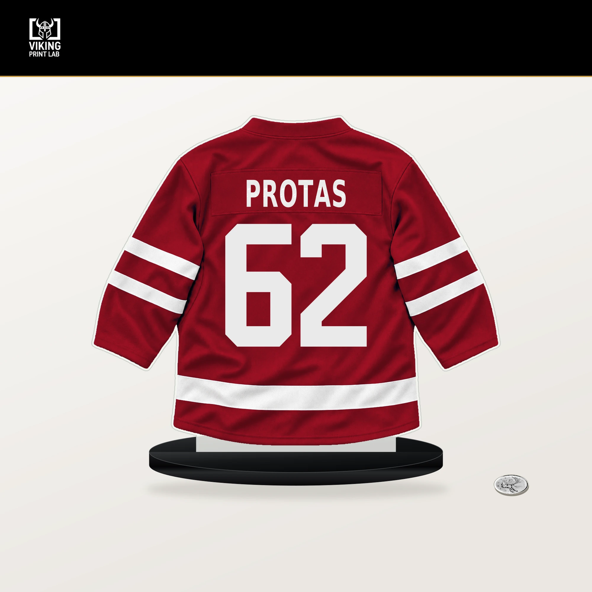 Ilya Protas number 62 Washington Capitals jersey stand with included black base.