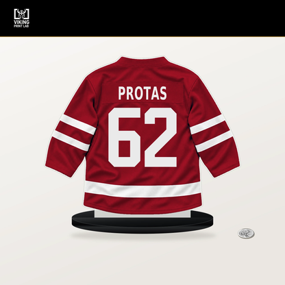 Ilya Protas number 62 Washington Capitals jersey stand with included black base.