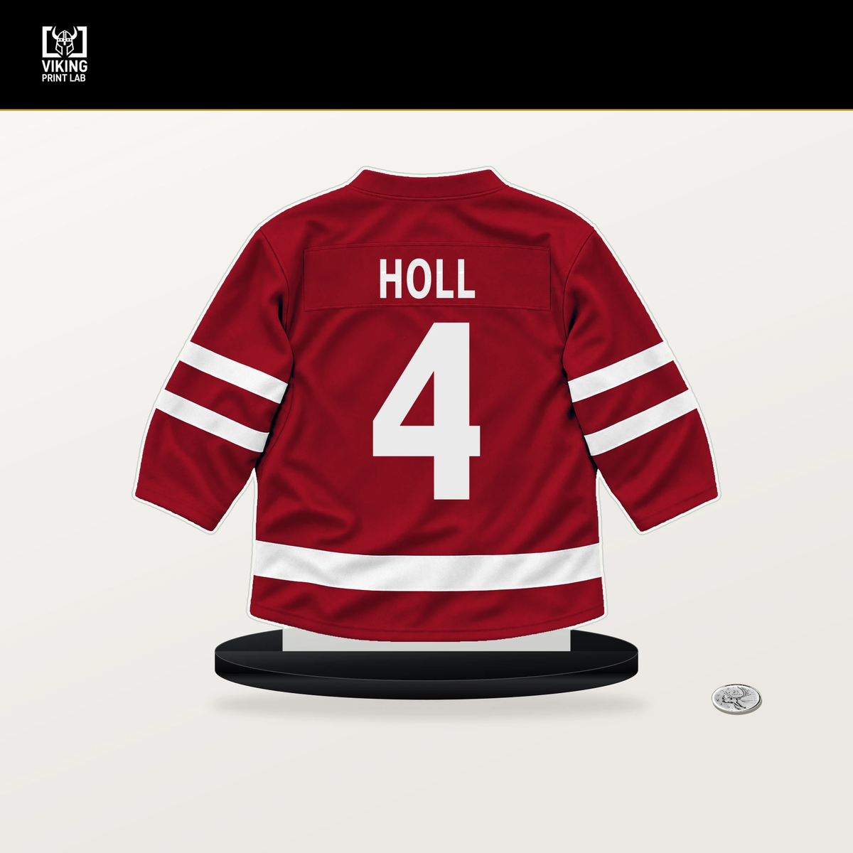 Justin Holl number 4 Washington Capitals jersey stand with included black base.