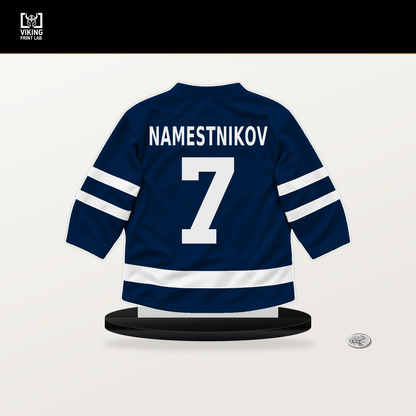 Vladislav Namestnikov number 7 Winnipeg Jets jersey stand with included black base.