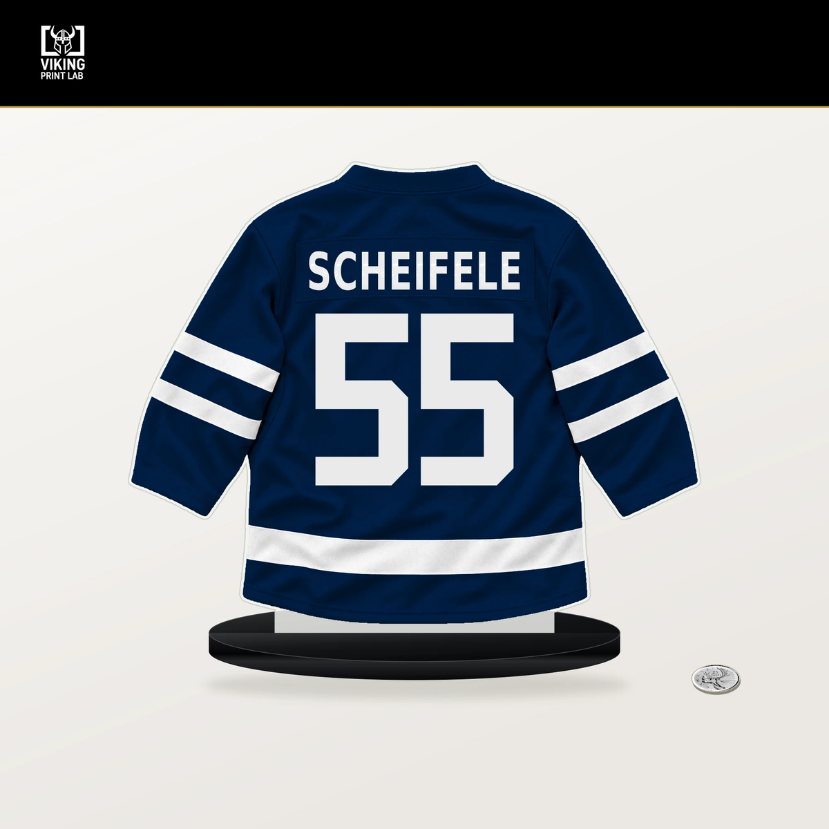 Mark Scheifele number 55 Winnipeg Jets jersey stand with included black base.