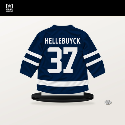 Connor Hellebuyck number 37 Winnipeg Jets jersey stand with included black base.
