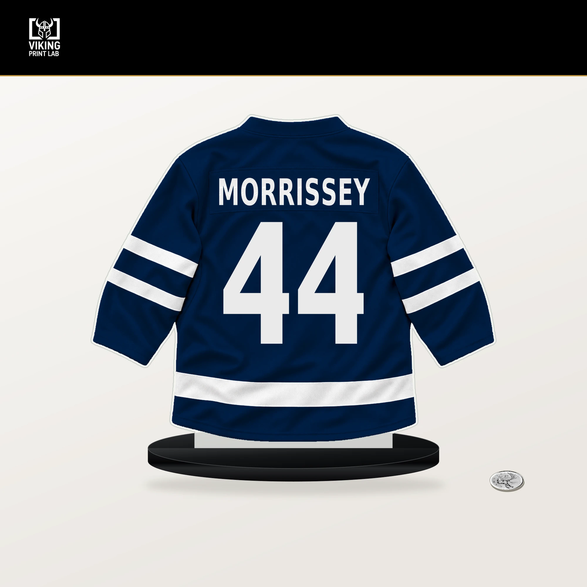 Josh Morrissey number 44 Winnipeg Jets jersey stand with included black base.