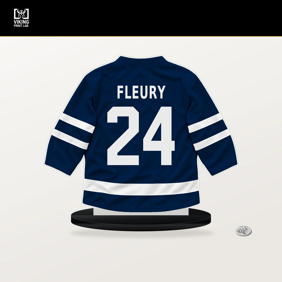 Haydn Fleury number 24 Winnipeg Jets jersey stand with included black base.