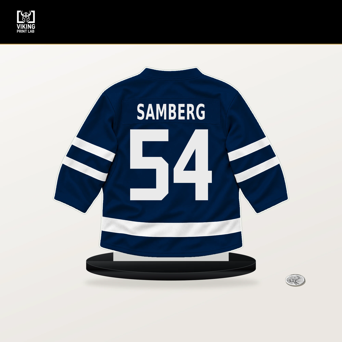 Dylan Samberg number 54 Winnipeg Jets jersey stand with included black base.