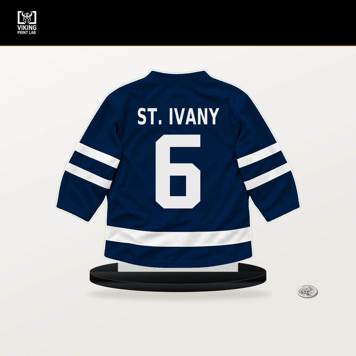 Jack St. Ivany number 6 Winnipeg Jets jersey stand with included black base.