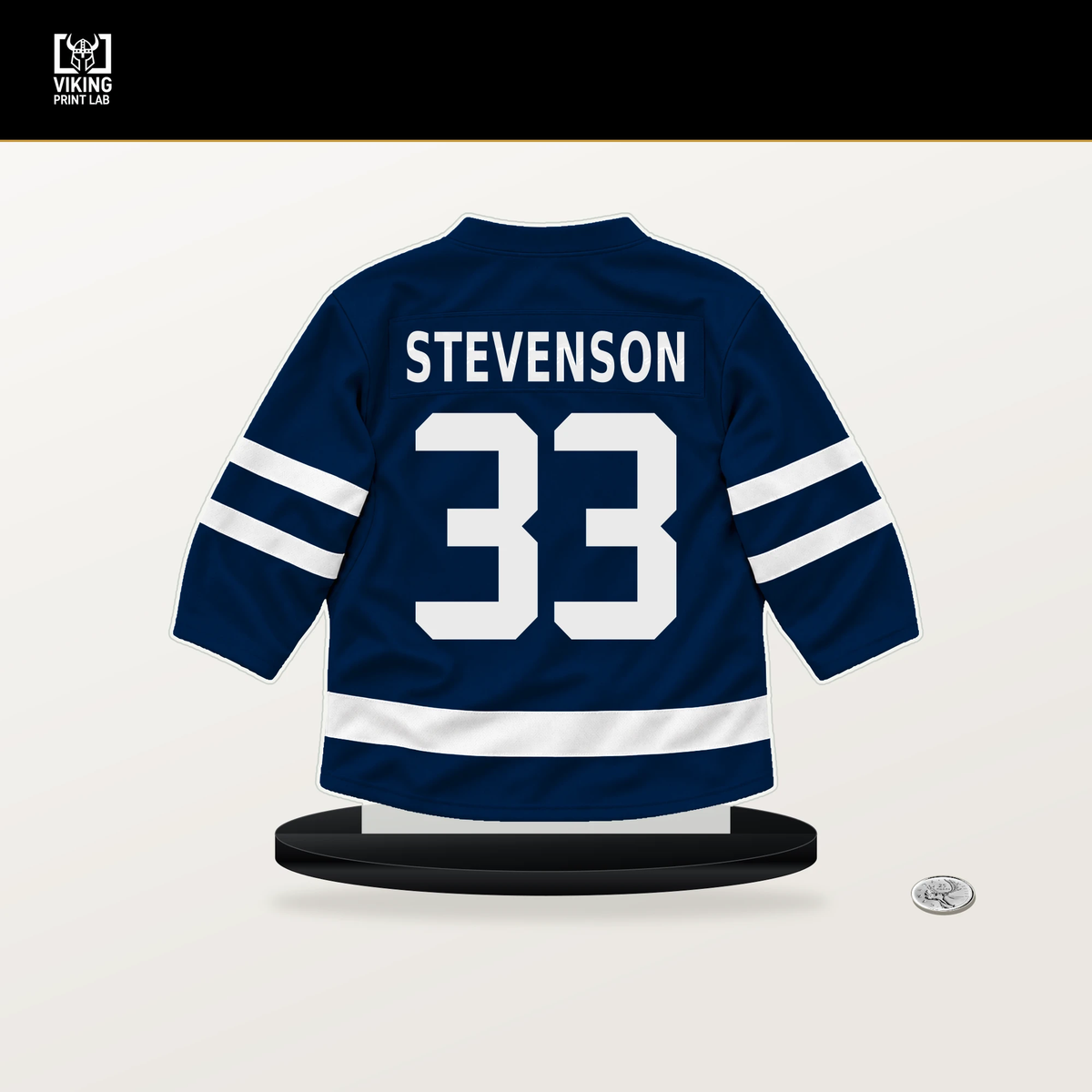Clay Stevenson number 33 Winnipeg Jets jersey stand with included black base.