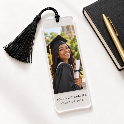 Digital mockup. Graduation photo bookmark with black tassel and personalized Class of 2026 message.