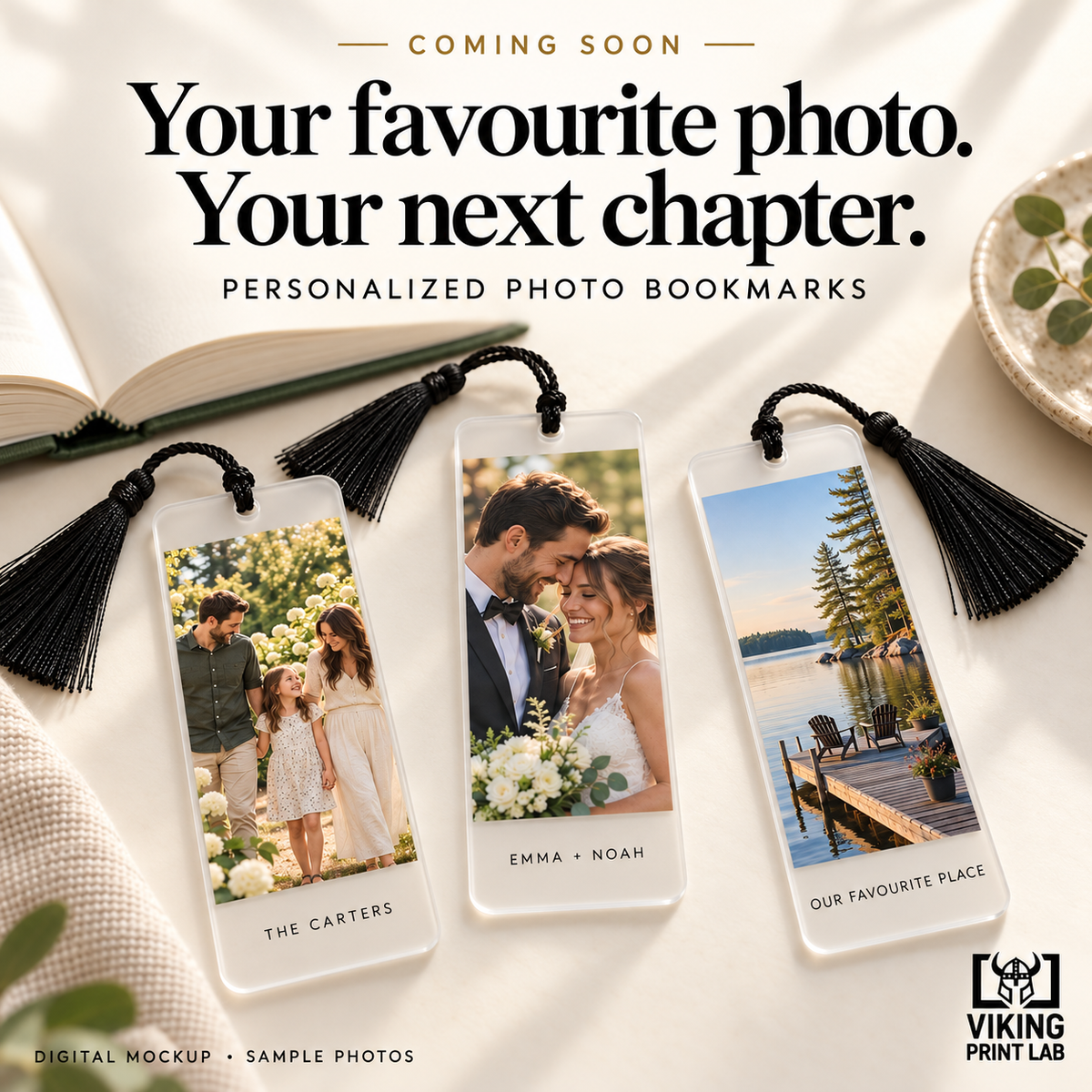 Digital mockup. Coming-soon promotional mockup showing frosted family, wedding and lakeside photo bookmarks with black tassels. Current purchase option: frosted acrylic with black tassel.