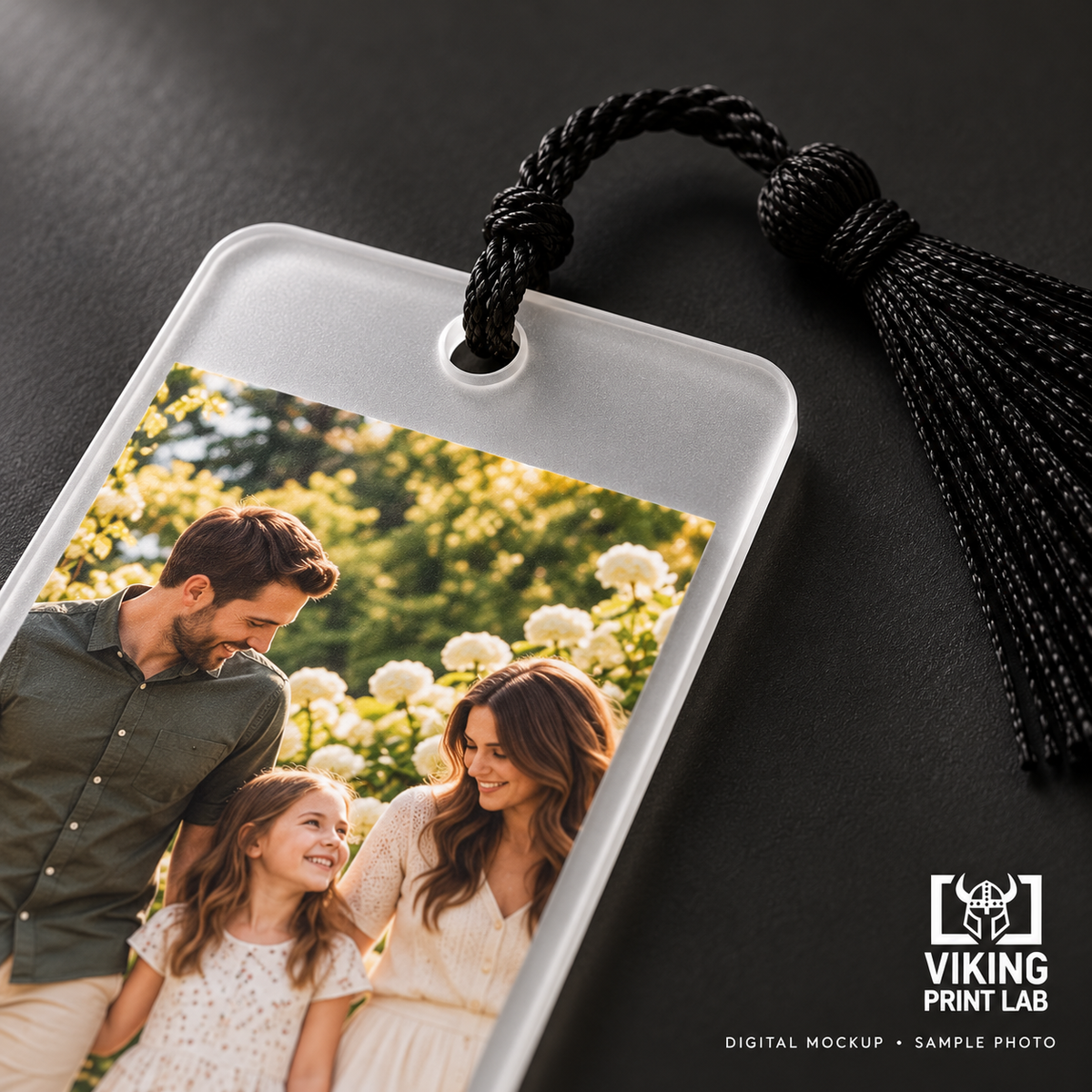 Digital mockup showing the frosted acrylic finish and printed photo detail on a Moment Marks bookmark.
