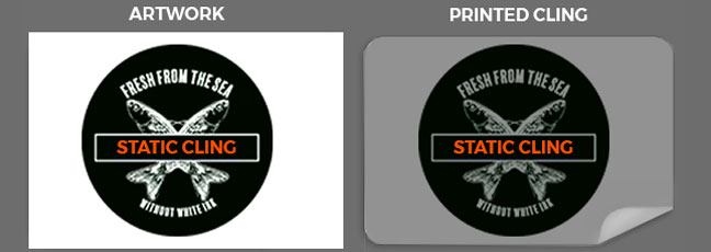 Diagram comparing sample artwork with a transparent printed cling; final stock, size and artwork confirmed with your quote.
