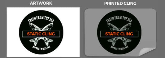 Diagram comparing sample artwork with a transparent printed cling; final stock, size and artwork confirmed with your quote.