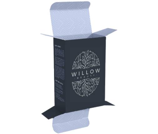 Printed straight tuck-end product box shown open; example artwork only. Final dimensions, stock, finish and print sides confirmed with your quote.