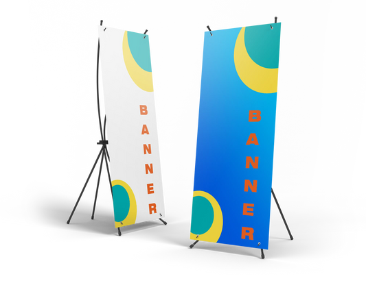 Supplier X-frame banner examples showing printed graphics and support stands. Each package includes one banner; stand and carrying case included only with the kit.