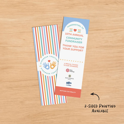 Example colourful fundraiser bookmarks showing front and reverse artwork.