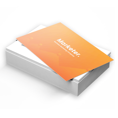 Sample matte business cards showing a printed orange design and stacked cards.