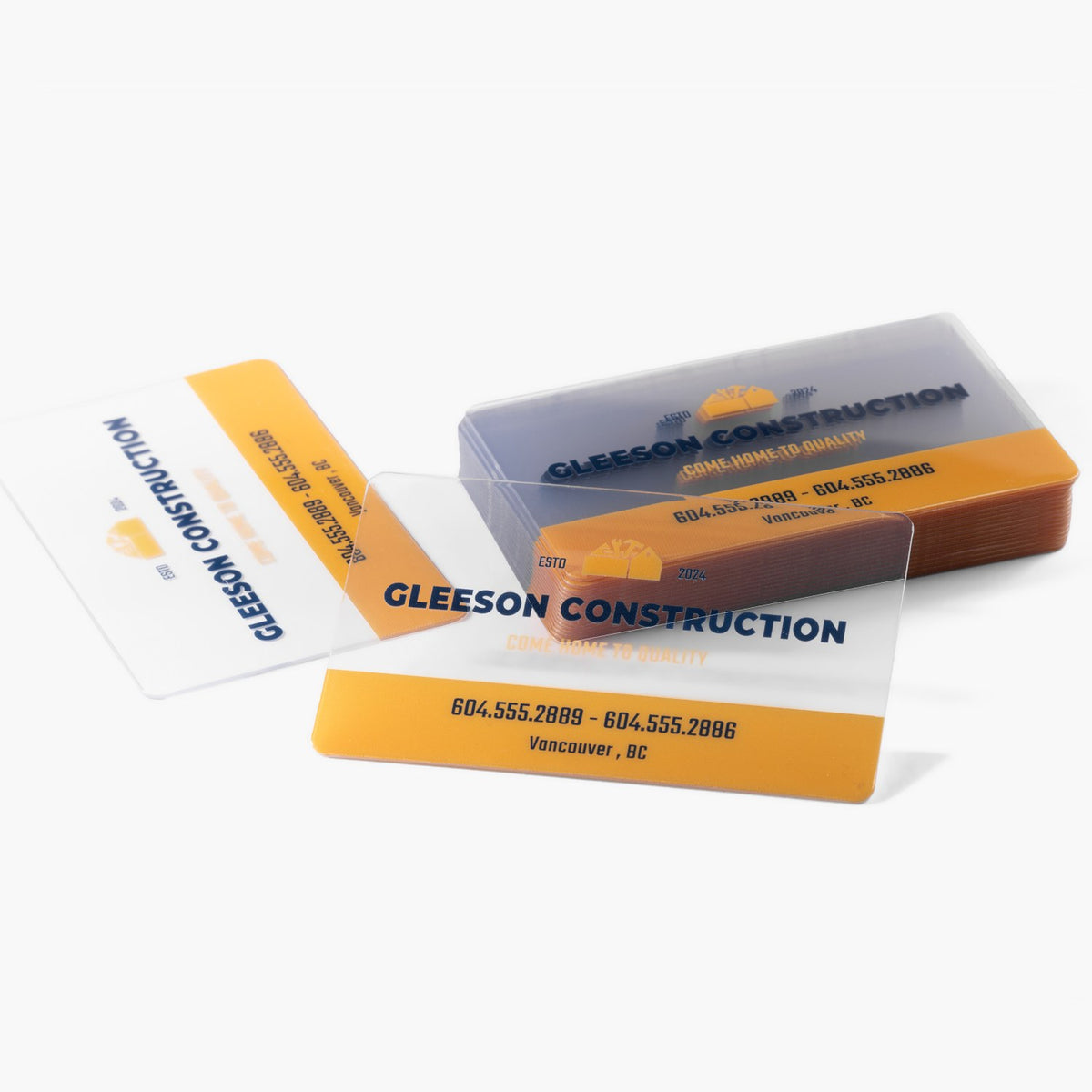 Clear plastic business cards with a construction design example.