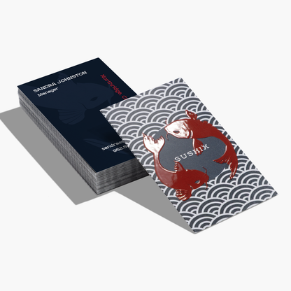 Raised clear gloss business card example showing a sushi logo and printed back.