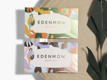Coloured metallic foil accent examples on business cards; flat reflective foil follows the artwork colours.