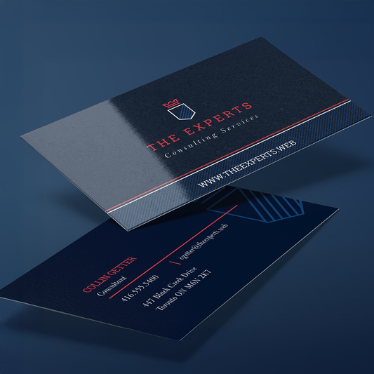 Blue consulting business cards showing a reflective glossy finish; thickness depends on selected option.