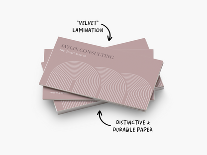 Soft touch business card stack illustrating velvet lamination and16pt stock.