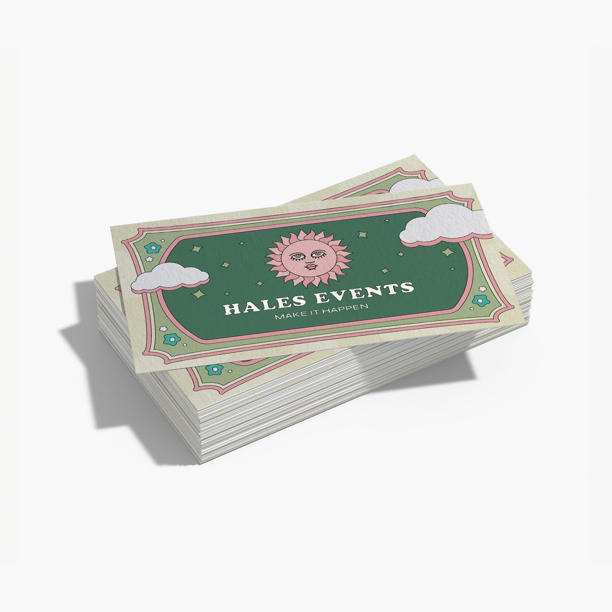 Example rectangular cotton business cards with custom event artwork.