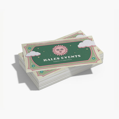 Example rectangular cotton business cards with custom event artwork.