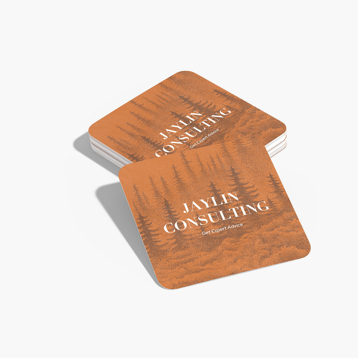 Square fine grit business cards with rounded corners and orange sample artwork.