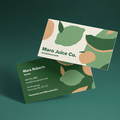Hemp-blend business cards with fruit business sample artwork