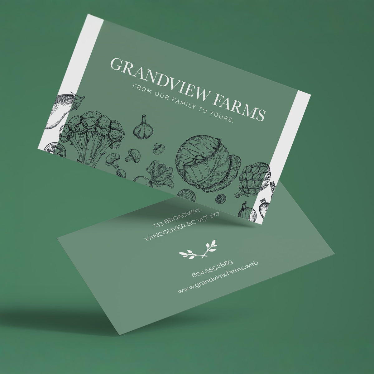 Recycled matte business cards with farm sample artwork