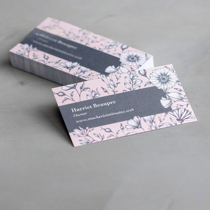 Recycled matte business cards with floral sample artwork