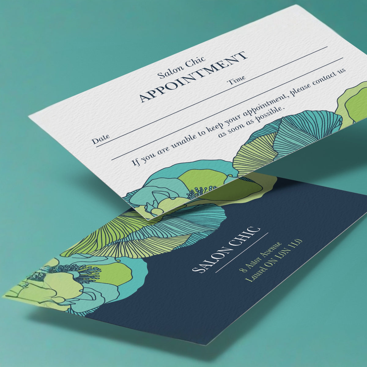 Example uncoated business cards showing a custom front and writable appointment-card reverse.