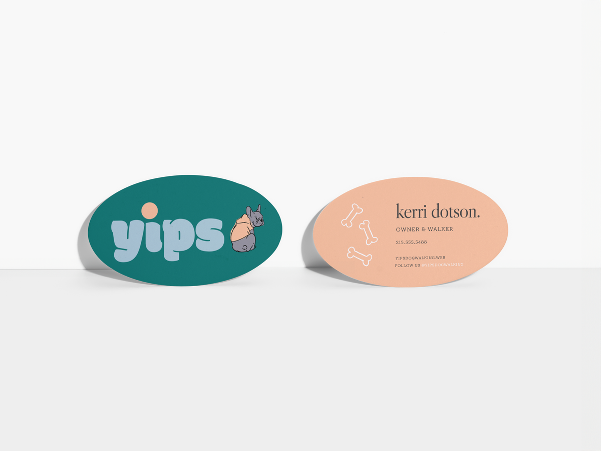 Oval business cards showing front and back sample designs