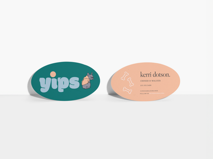 Oval business cards showing front and back sample designs