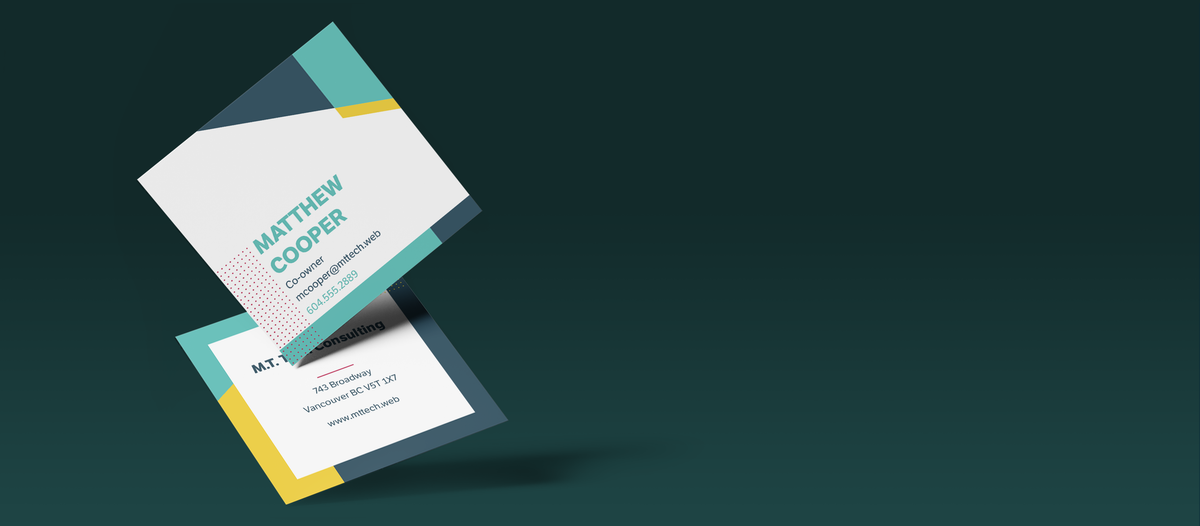 Square business cards showing front and back sample artwork