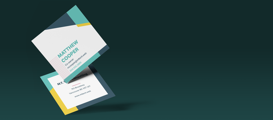 Square business cards showing front and back sample artwork